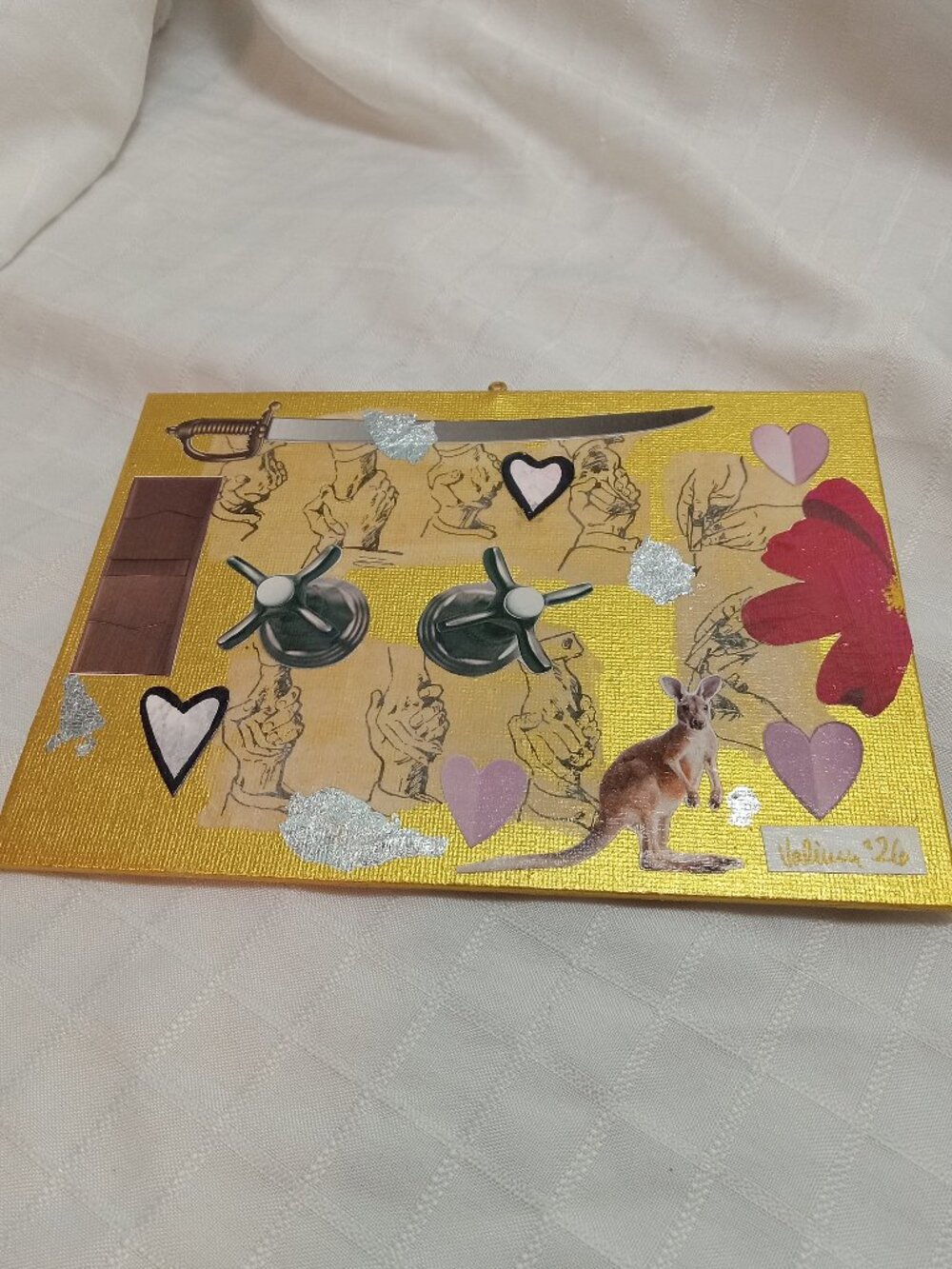 Prints of old magazines on canvas, gold paint, and mixed-media collages